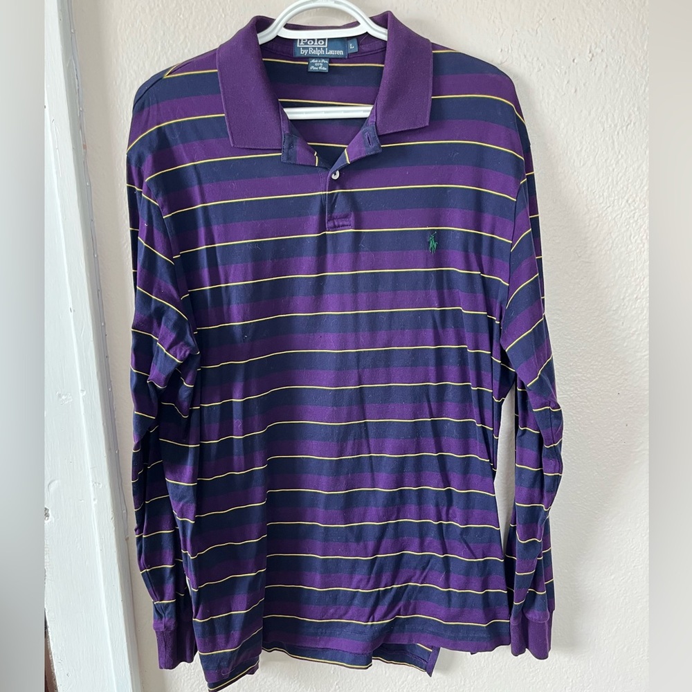 Ralph Lauren Purple Long-Sleeve Striped Polo with Yellow & Navy Accents